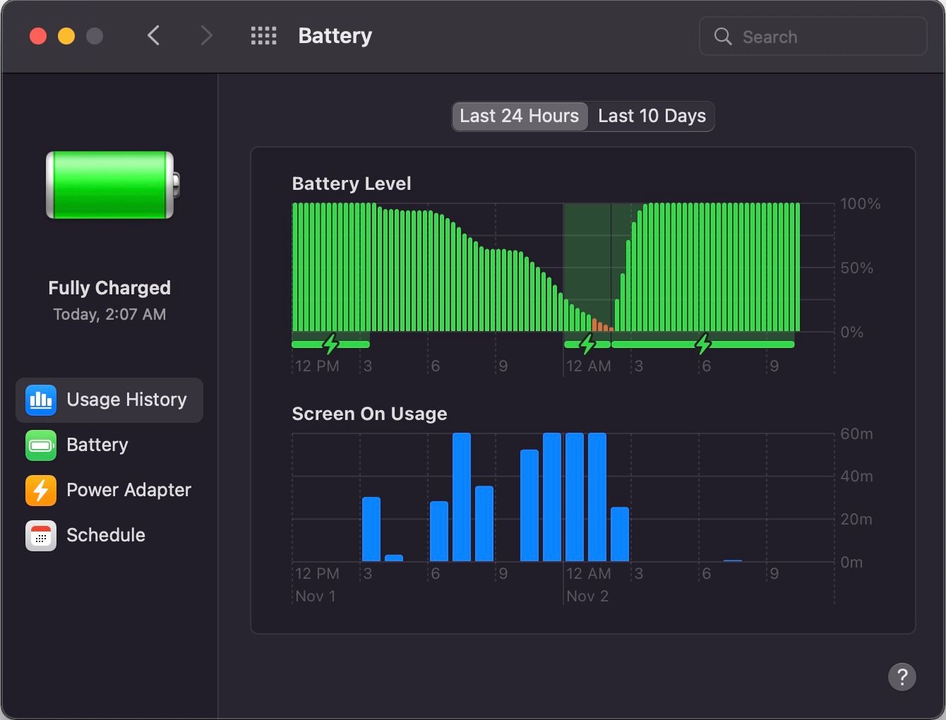 screenshot of the macOS battery control panel, showing a full recharge in about 90 minutes screenshot of the macOS battery control panel, showing a full recharge in about 90 minutes