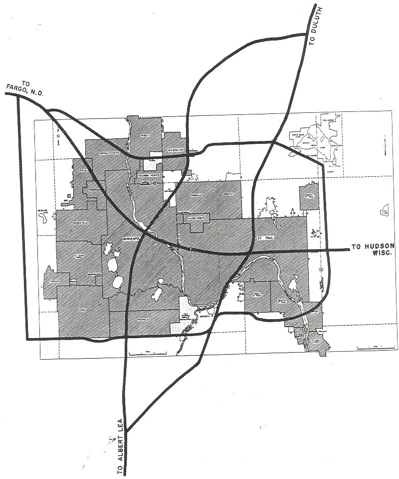 Close-up of highway plan for Minneapolis-St. Paul in the 1955 edition of the Yellow Book Close-up of highway plan for Minneapolis-St. Paul in the 1955 edition of the Yellow Book