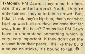 T-MONEY: PM Dawn... they're not hip-hop. Are they entertainers? Yeah, they're entertainers, they entertain a crowd. But, I don't think they're hip-hop, that's not what hip-hop was built on. Have we gone that far away from the base? Groups like PM Dawn have to understand something which is very, very important, if they don't get the respect from their peers... it's like they build a house on sticks, it's bound to fall. KRS One responding to PM Dawn